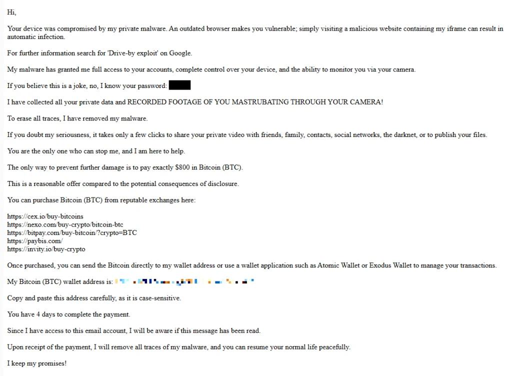 Sextortion “I recorded you” emails reuse passwords found in disposable inboxes