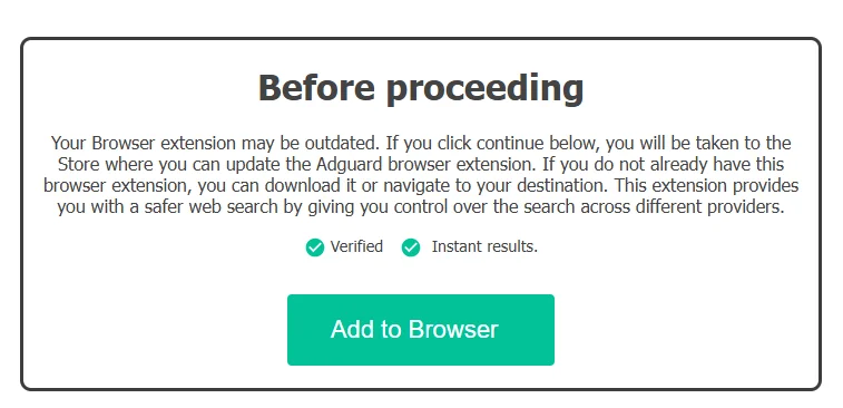 Screenshot showing fake "update the Adguard browser extension" prompt