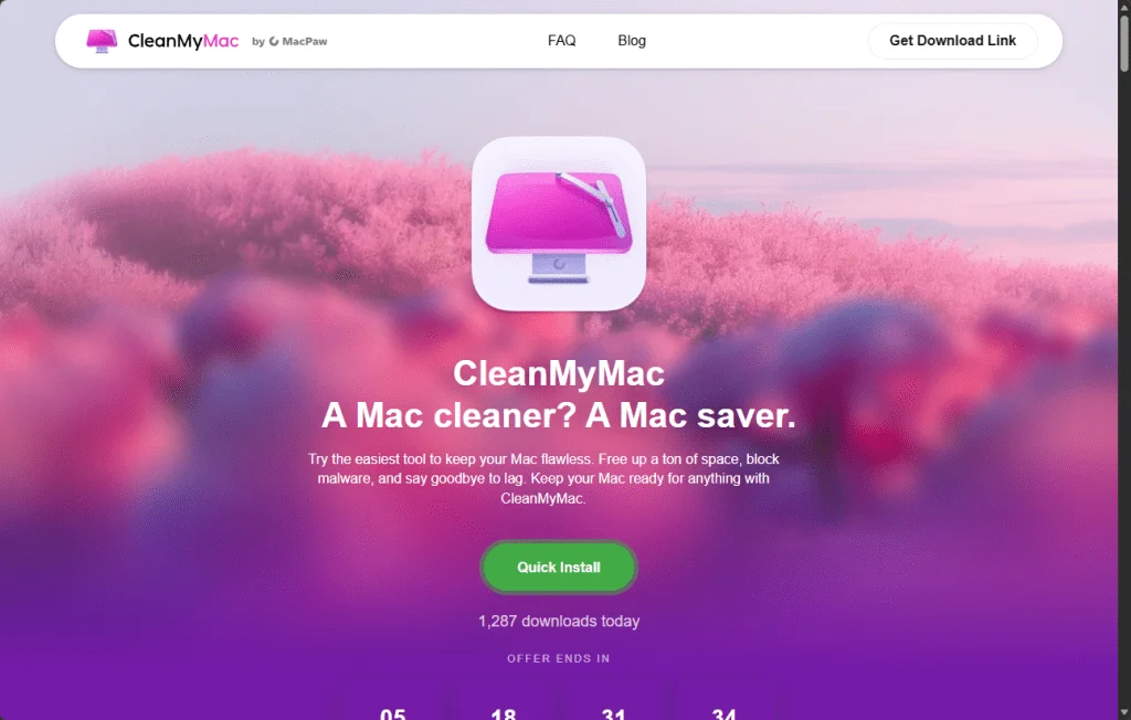 A fake website impersonating CleanMyMac, which goes on to install SHub Stealer