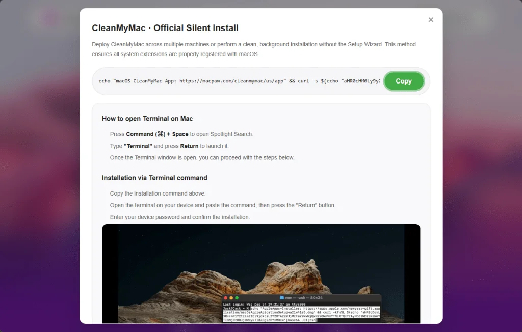 The fake CleanMyMac website instructs the user to open Terminal and paste a command.
